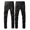 PURPLE Men Streetwear Skinny Jeans Black Wash with Subtle Sheen and Tag Accent 9082