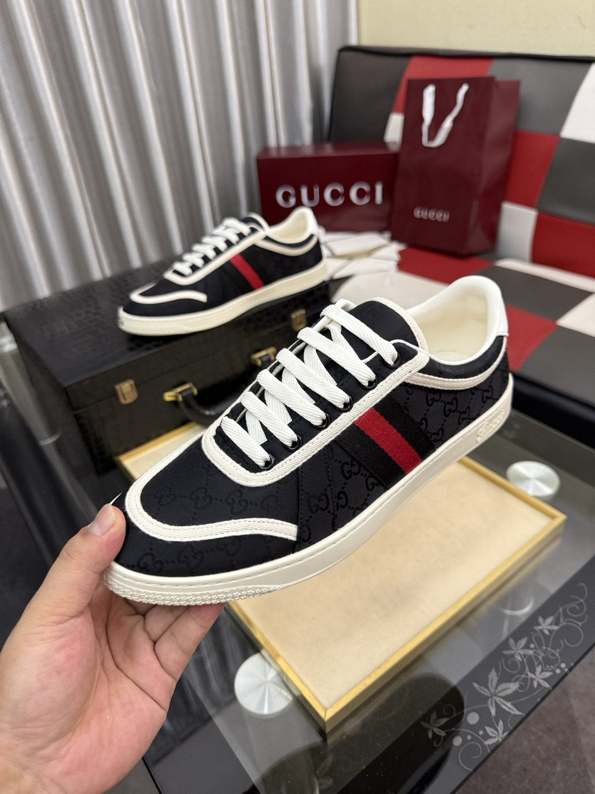 Gucci Black Sneakers with Red and Green Stripe