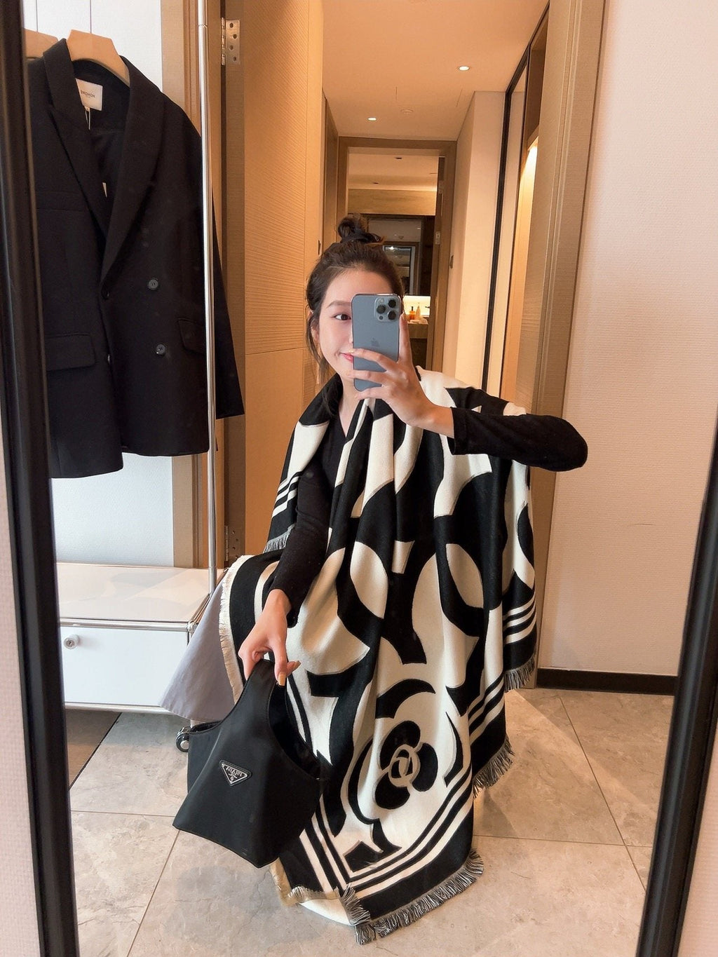 Chanel Black & Ivory Floral Scarf
